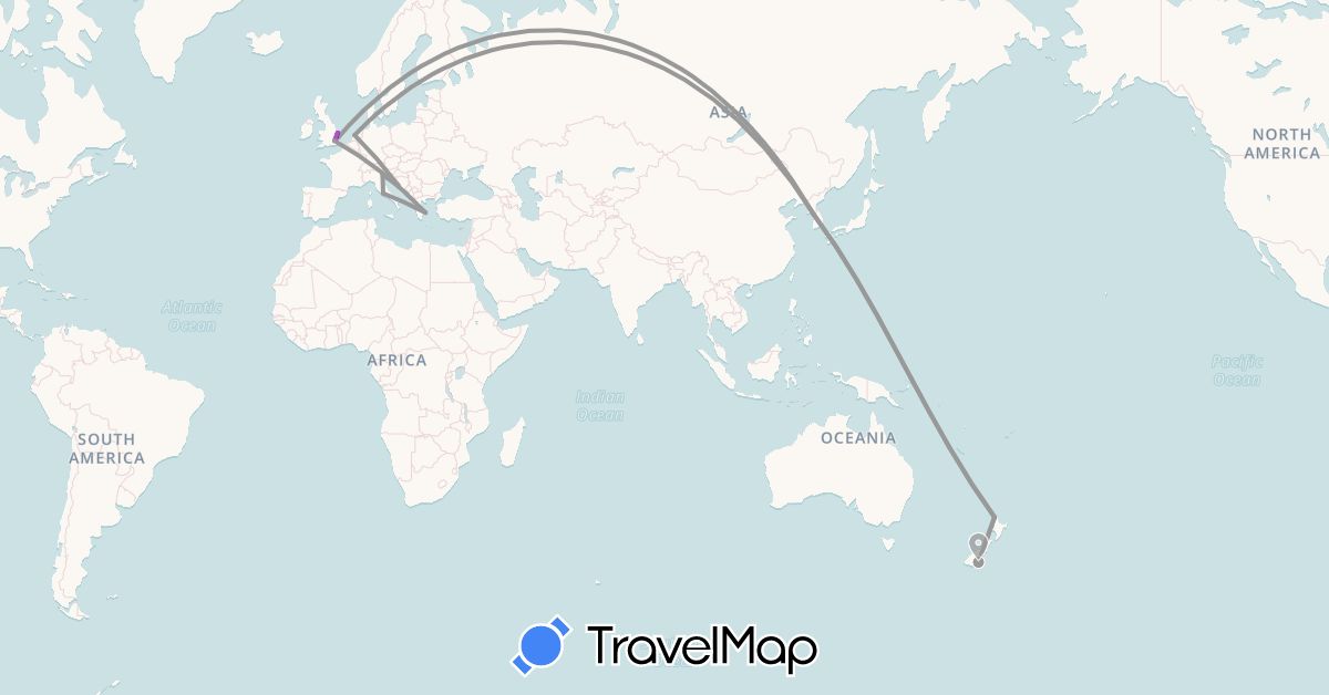 TravelMap itinerary: driving, plane, train in United Kingdom, Greece, Croatia, Italy, South Korea, Netherlands, New Zealand (Asia, Europe, Oceania)